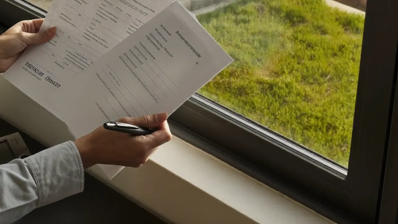 Homeowner budgeting for new windows with a calculator and quotes