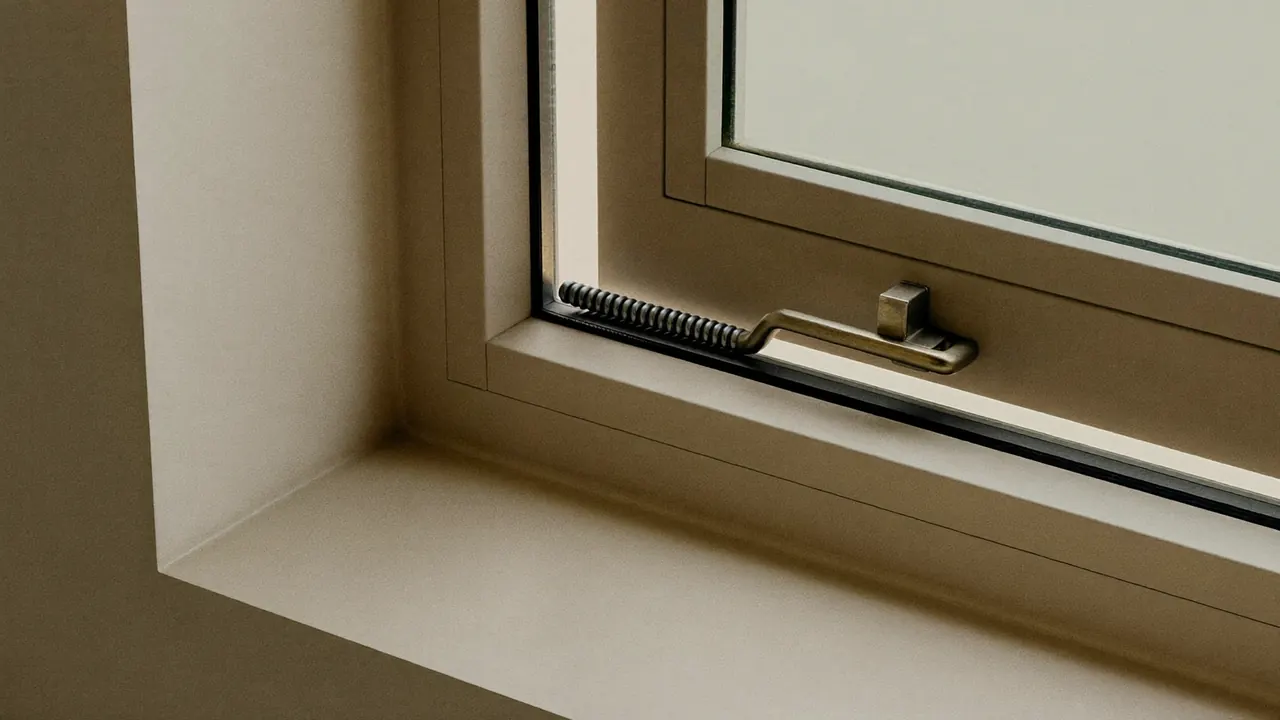Close-up detail of a flush casement window and its hardware