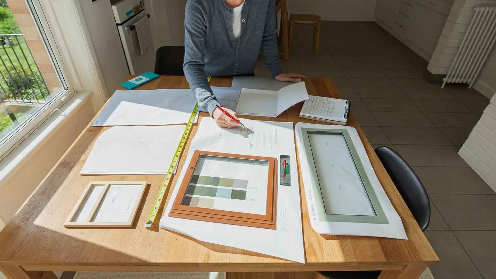 Homeowner planning a new-windows project with notes and sample swatches