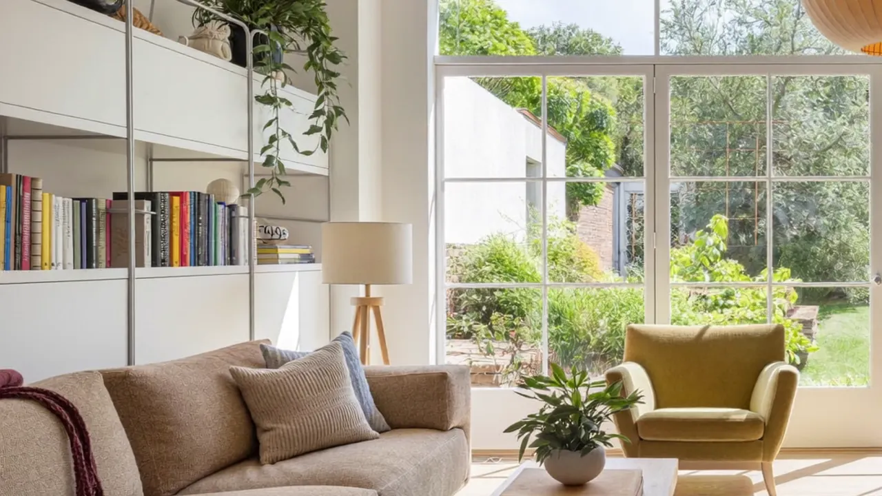 Newly installed window viewed from inside a tidy living room