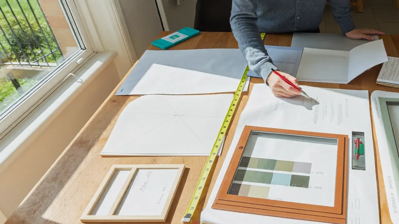 New-windows project plan with sample swatches and notes on a desk