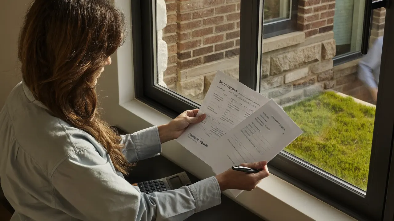 Homeowner reviewing full-project window quote paperwork at a table