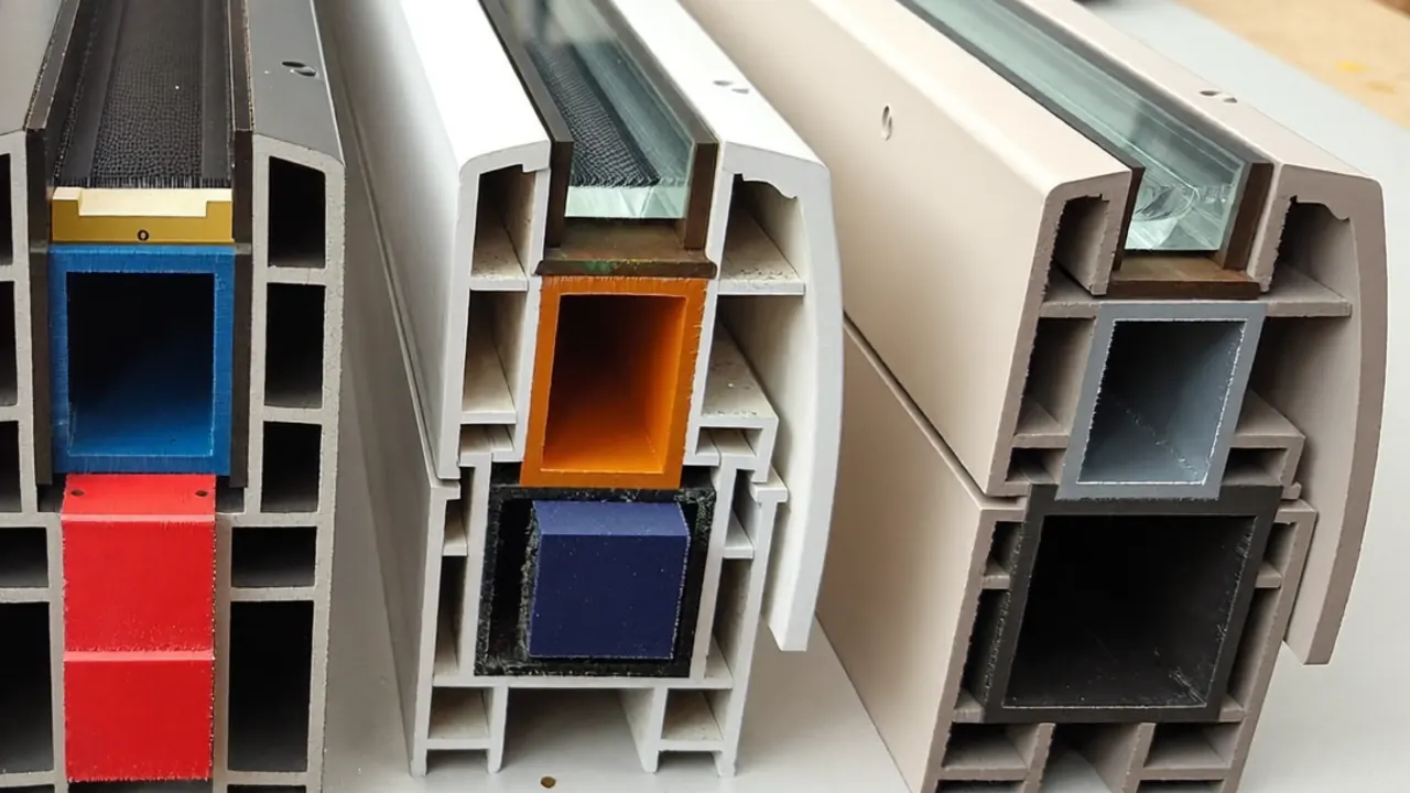 Window frame material samples arranged to compare cost and quality